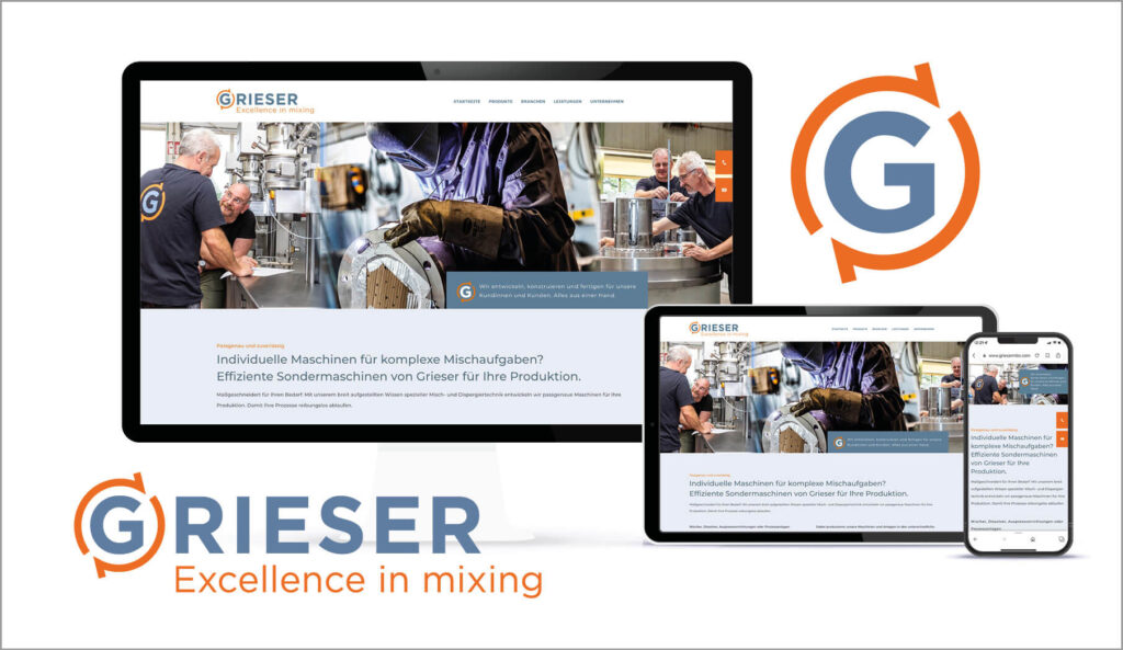 Rebranding für Grieser Maschinenbau, Logo und Homepage zu sehen